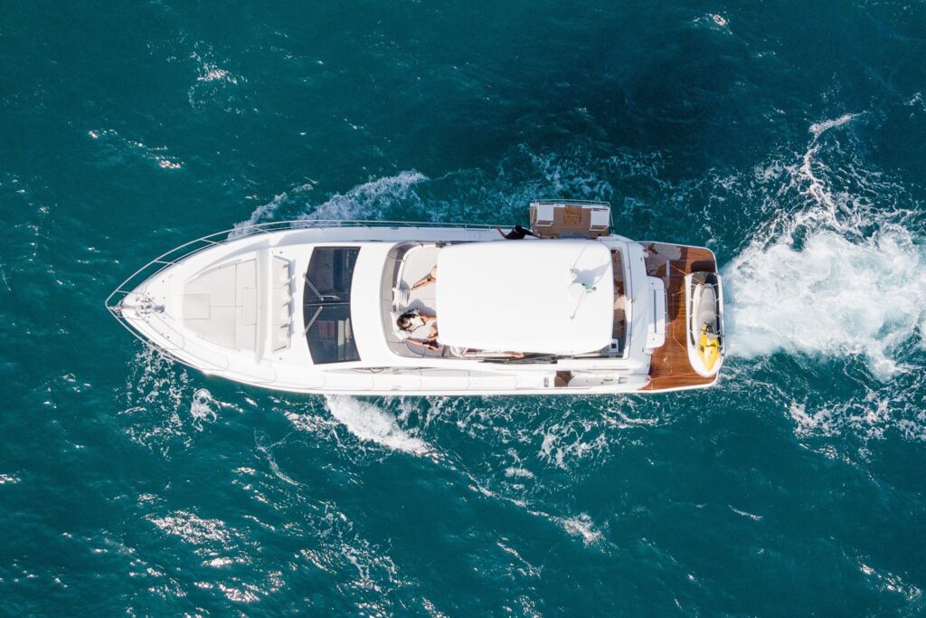 Aerial View of our 70 foot Schaefer yacht as it cruises around the Baja California Sur in Cabo San Lucas, MX