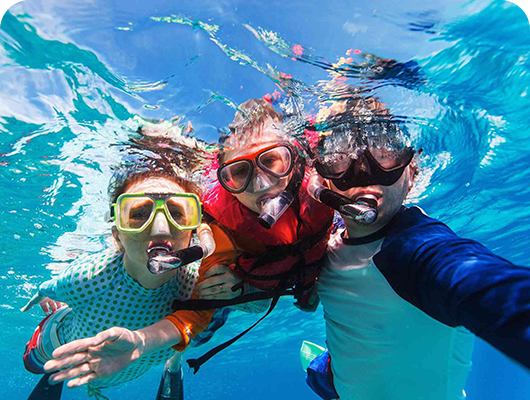 3 boys snorkeling in the ocean while visiting Cabo San Lucas on a Pelican Rock Snorkel Cruise with Best Cabo Yachts