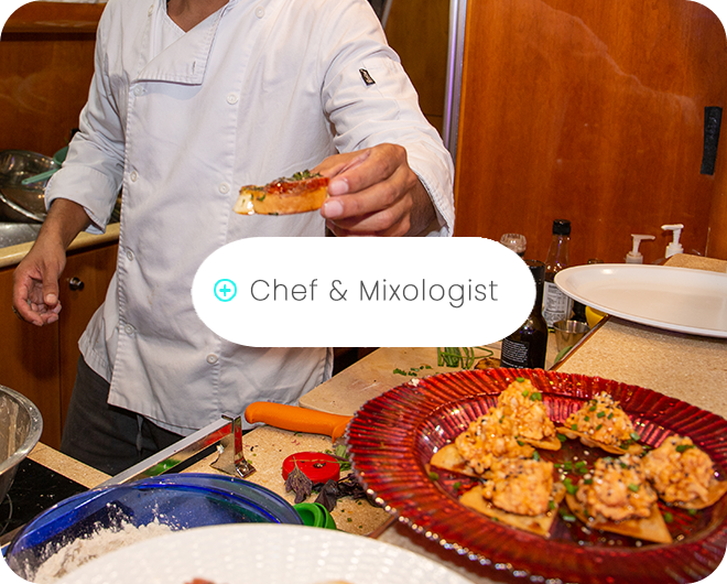 Private Chef & Mixologist with Chef sharing food on our 85ft Viking Princess yacht in Cabo