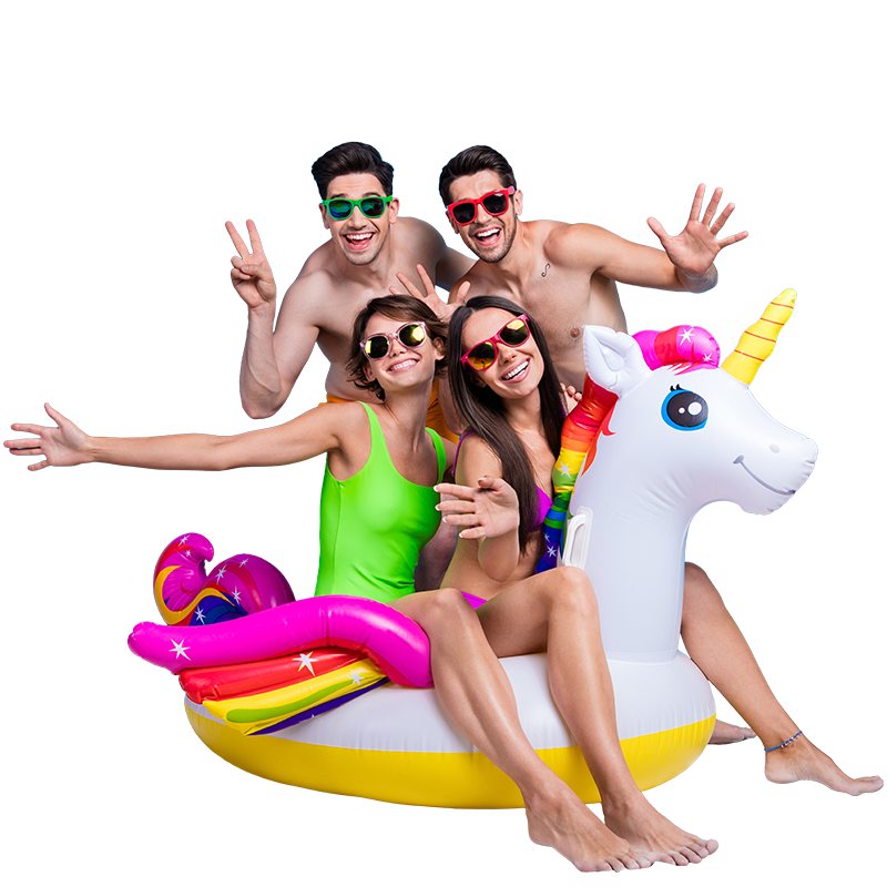 Fun partygoers on a unicorn floaty while enjoying a luxury yacht charter with Best Cabo Yachts in Cabo San Lucas, MX