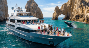 Group of whale watching enthusiasts on a beautiful yacht in Cabo San Lucas