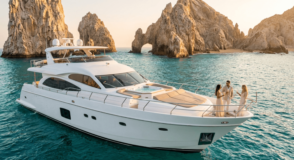Luxury yacht in Cabo waters with rock formations