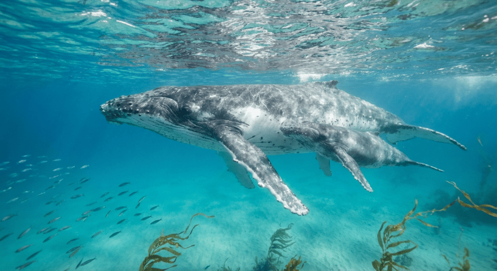 Mother whale with calf swimming